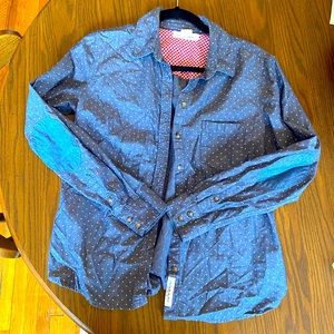 Blue button up shirt with polka dot pattern. Cute elbow pads. Size US 12.